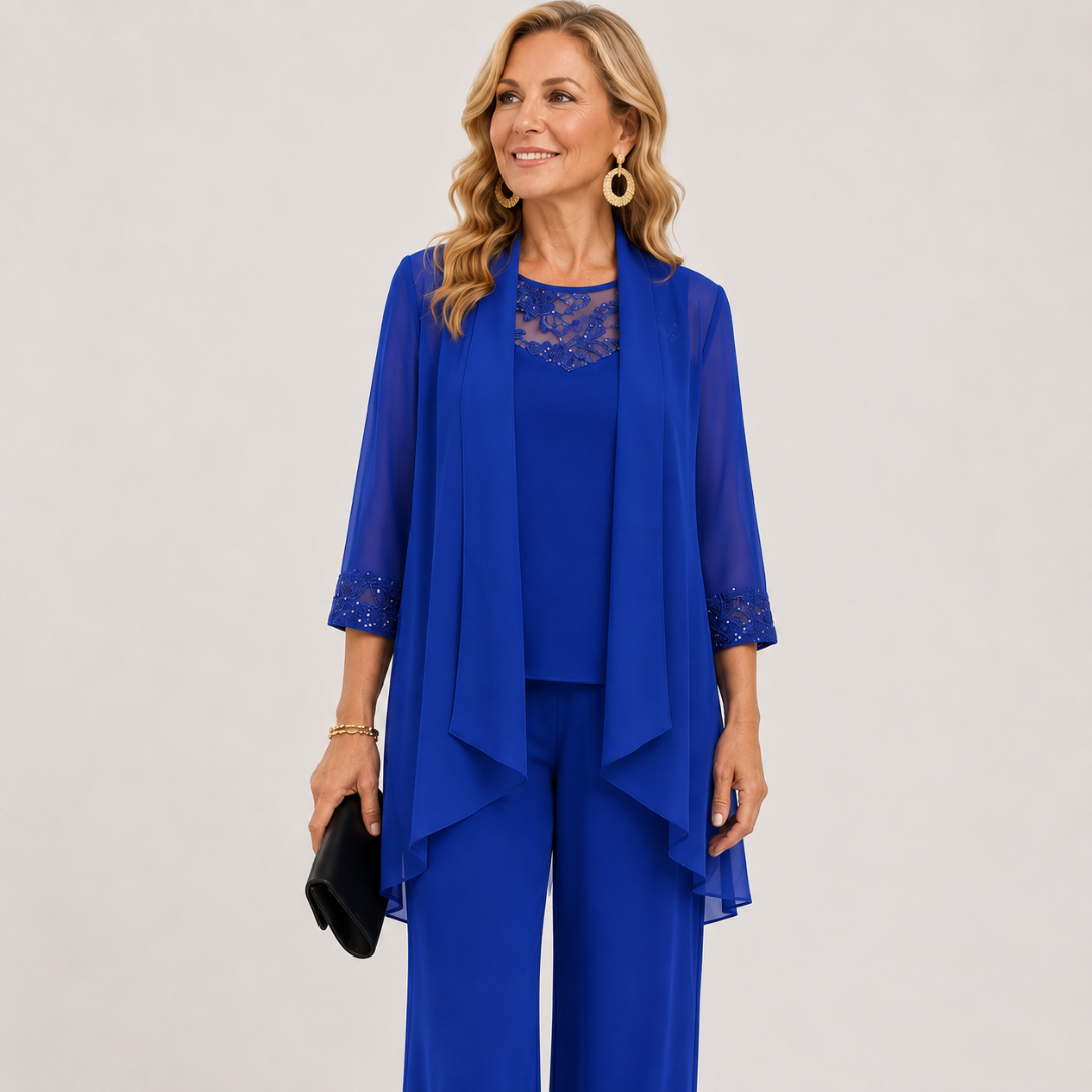 Aeliana - Elegant Three-Piece Jacket & Wide-Leg Trouser Set - Blue