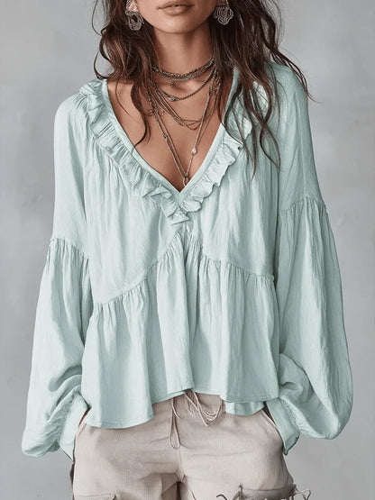 Narella - Ruffle V-Neck Blouse - Blue