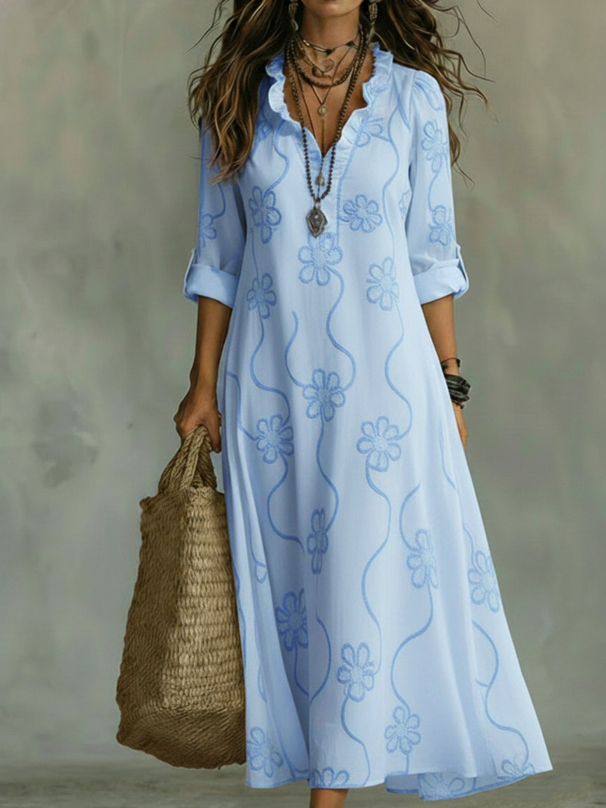 Kallie - Embroidered V Neck Maxi Dress Casual Fit - Black
