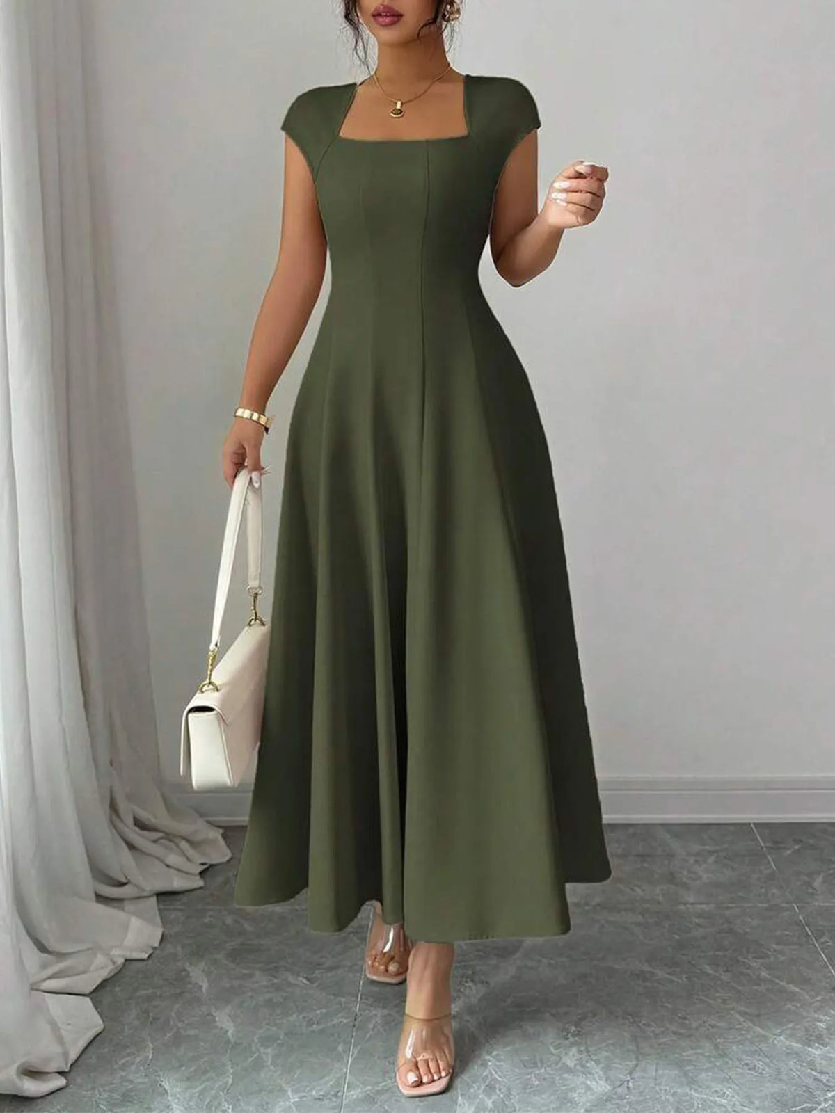 Ysolenne - Soft-Touch Square-Neck Midi Dress - Apricot