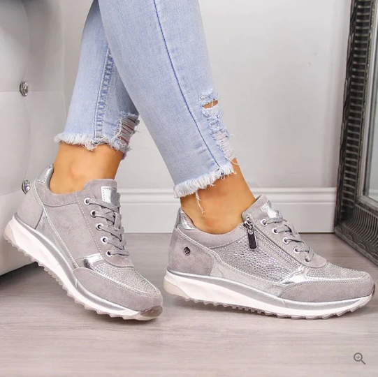 Raina - Lace Up Sneakers With Side Zip Casual Fit - Beige
