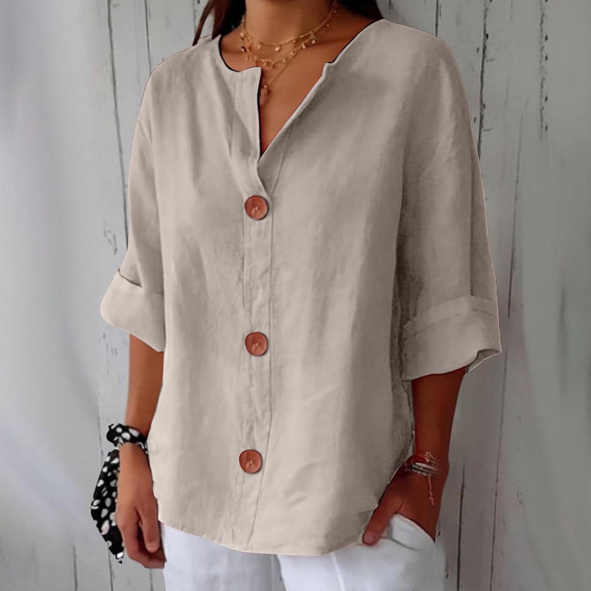 Piera - Breezy Linen Blouse - Beige
