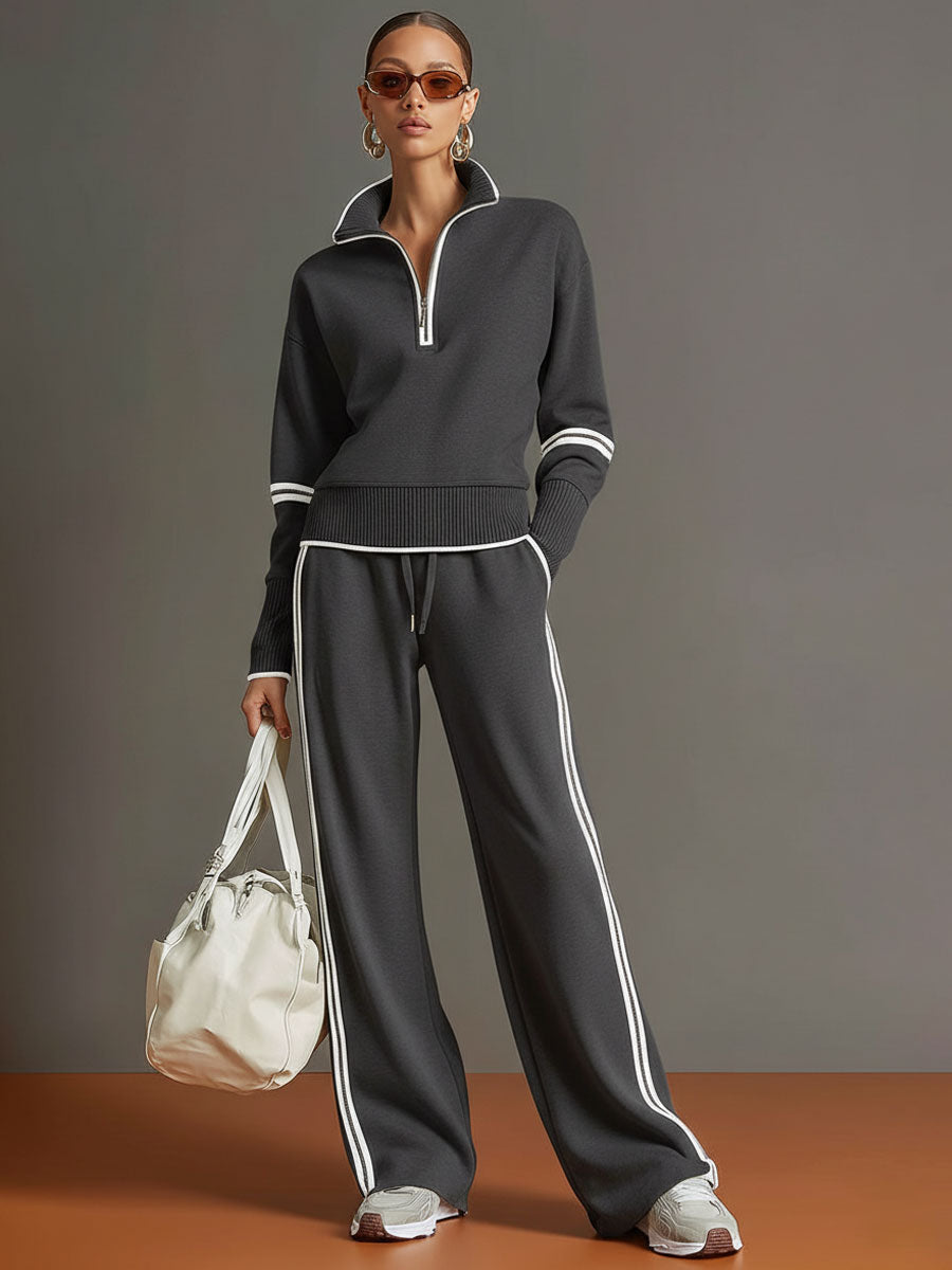 Honora - Soft-Touch Wide-Leg Two-Piece Set - Grey White