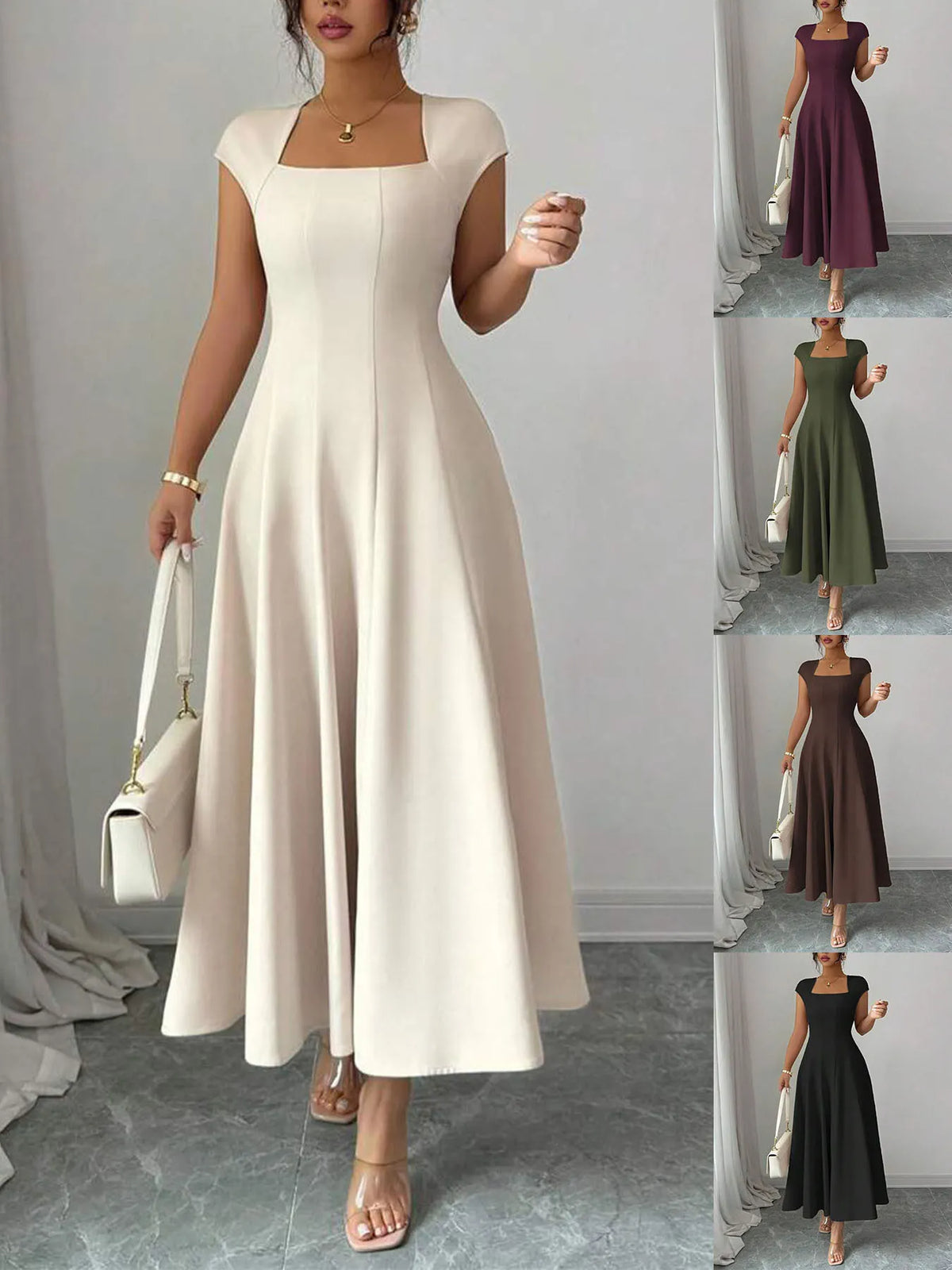 Ysolenne - Soft-Touch Square-Neck Midi Dress - Apricot