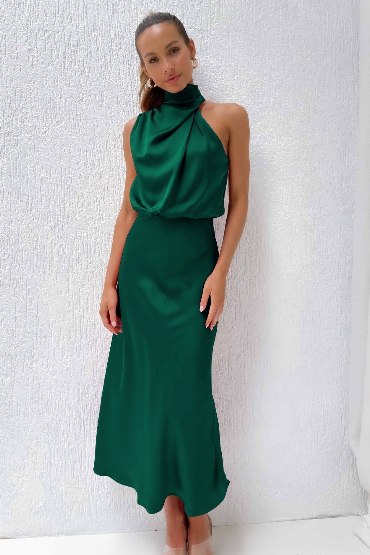 Melira - Regal High-Collar Maxi Dress - Light Brown