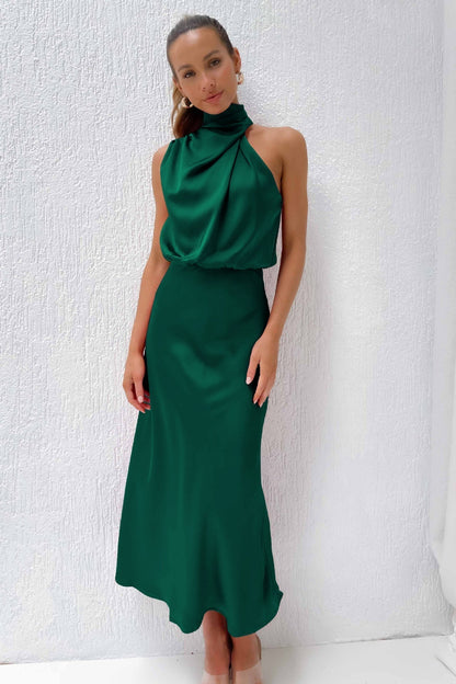 Melira - Regal High-Collar Maxi Dress - Light Brown