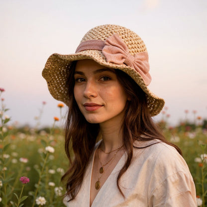 Coralie - Handcrafted Bow Sun Hat - Beige