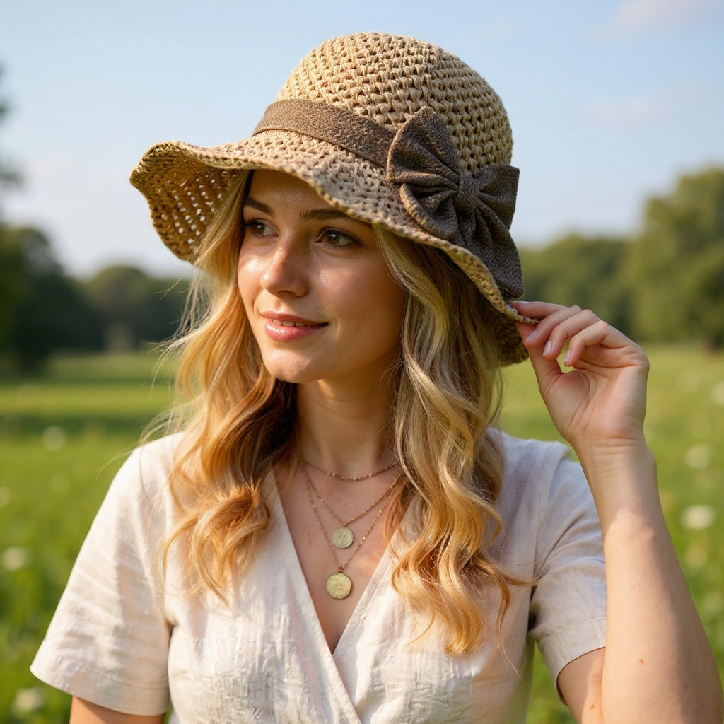Coralie - Handcrafted Bow Sun Hat - Khaki