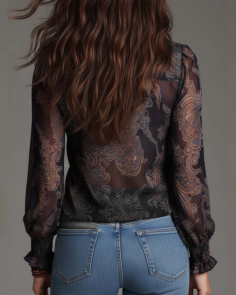 Norayi - Soft-Touch Printed V-Neck Ruffle-Sleeve Blouse - Burgundy