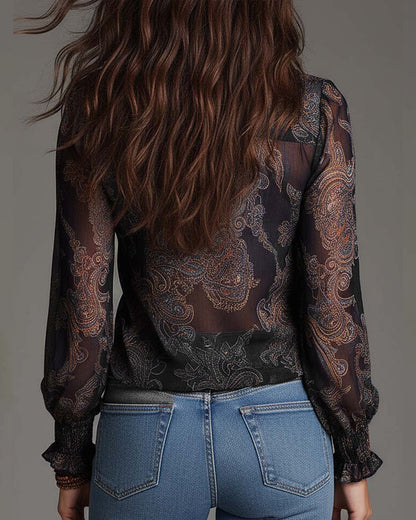 Norayi - Soft-Touch Printed V-Neck Ruffle-Sleeve Blouse - Burgundy