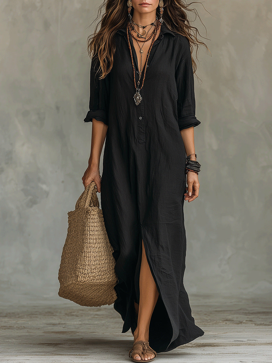 Dena - Premium Linen Maxi Dress - Black