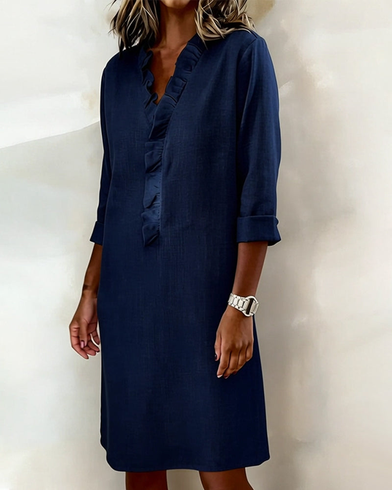 Dorelle - Breezy Linen-Blend Ruffle Shift Dress - Navy Blue