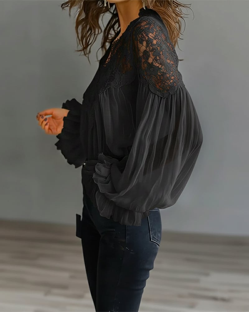 Celinrae - V-Neck Lace Long Sleeve Blouse - White