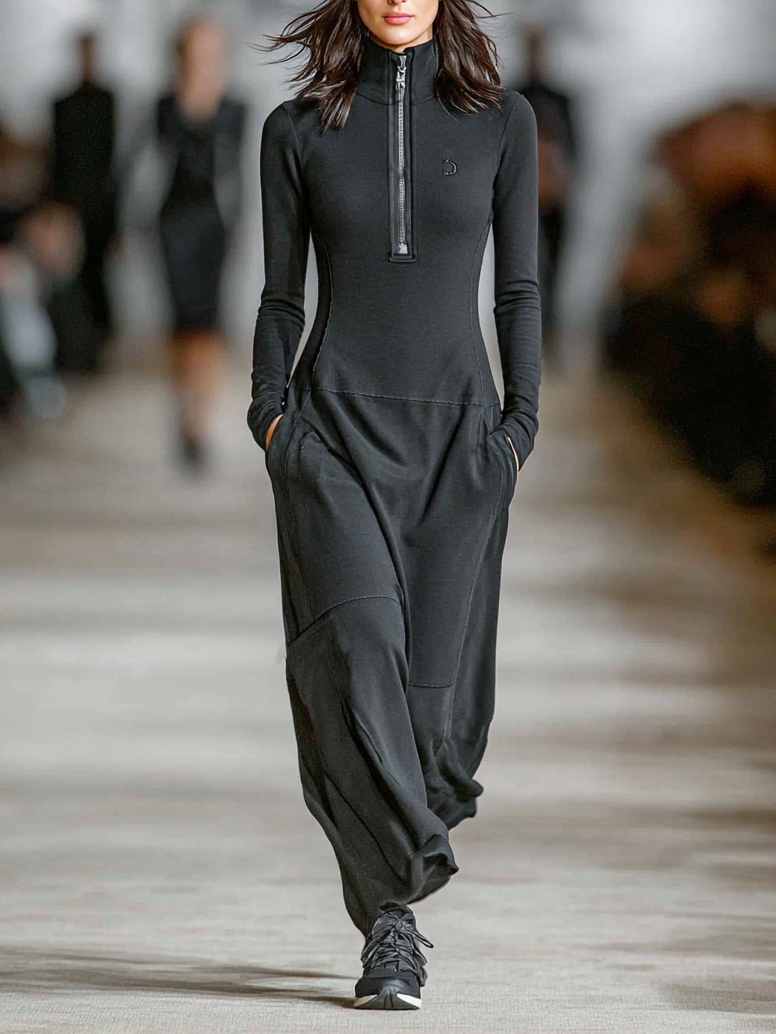 Elise - Soft-Touch Mock-Neck Zip Maxi Dress - Black