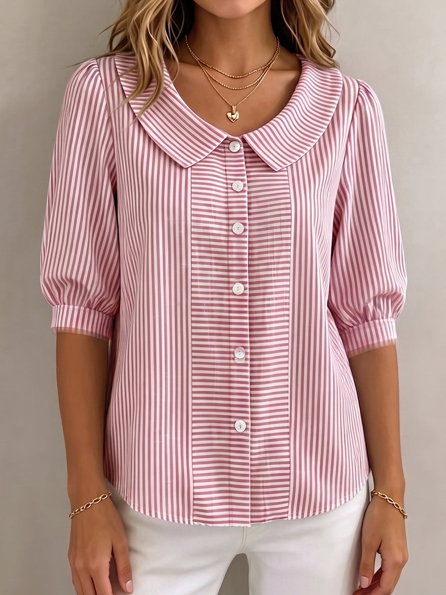 Xandria - Striped Button Blouse - Navy