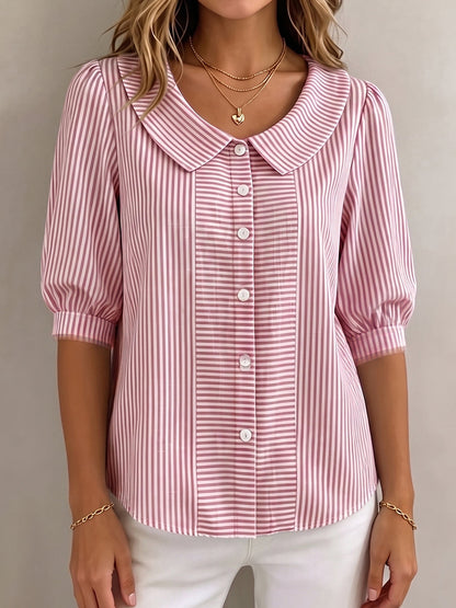 Xandria - Striped Button Blouse - Navy