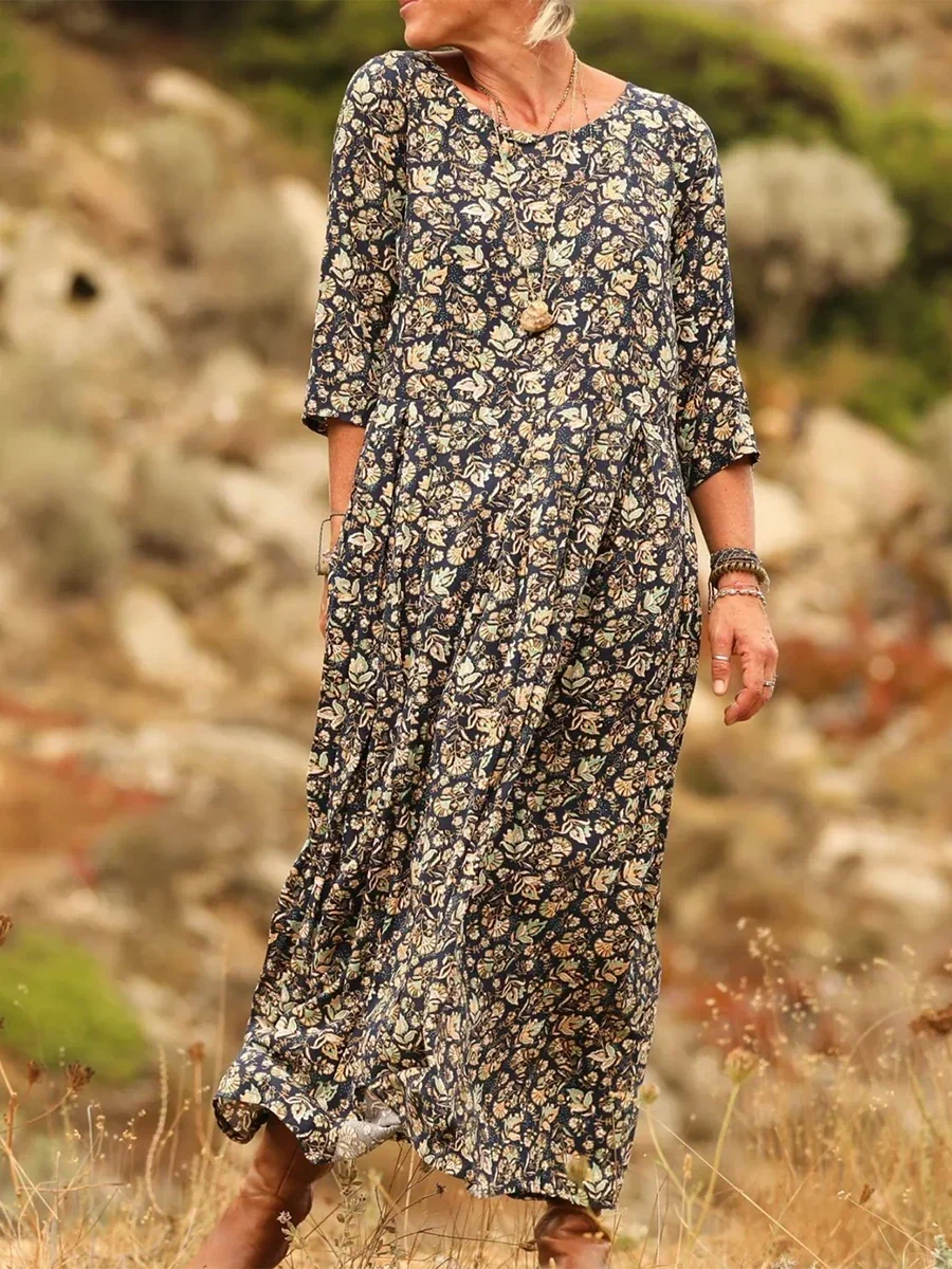 Griselda - Casual Pleated Maxi Dress - Brown