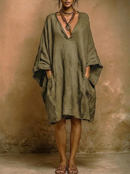 Valenne - Loose Fit V Neck Midi Dress - Green