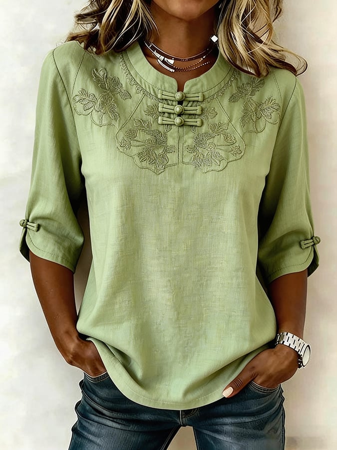 Cressida - Embroidered Mandarin Collar Blouse - Green