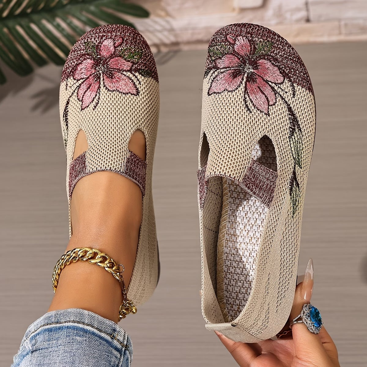 Xara - Floral Slip-On Flats - Burgundy