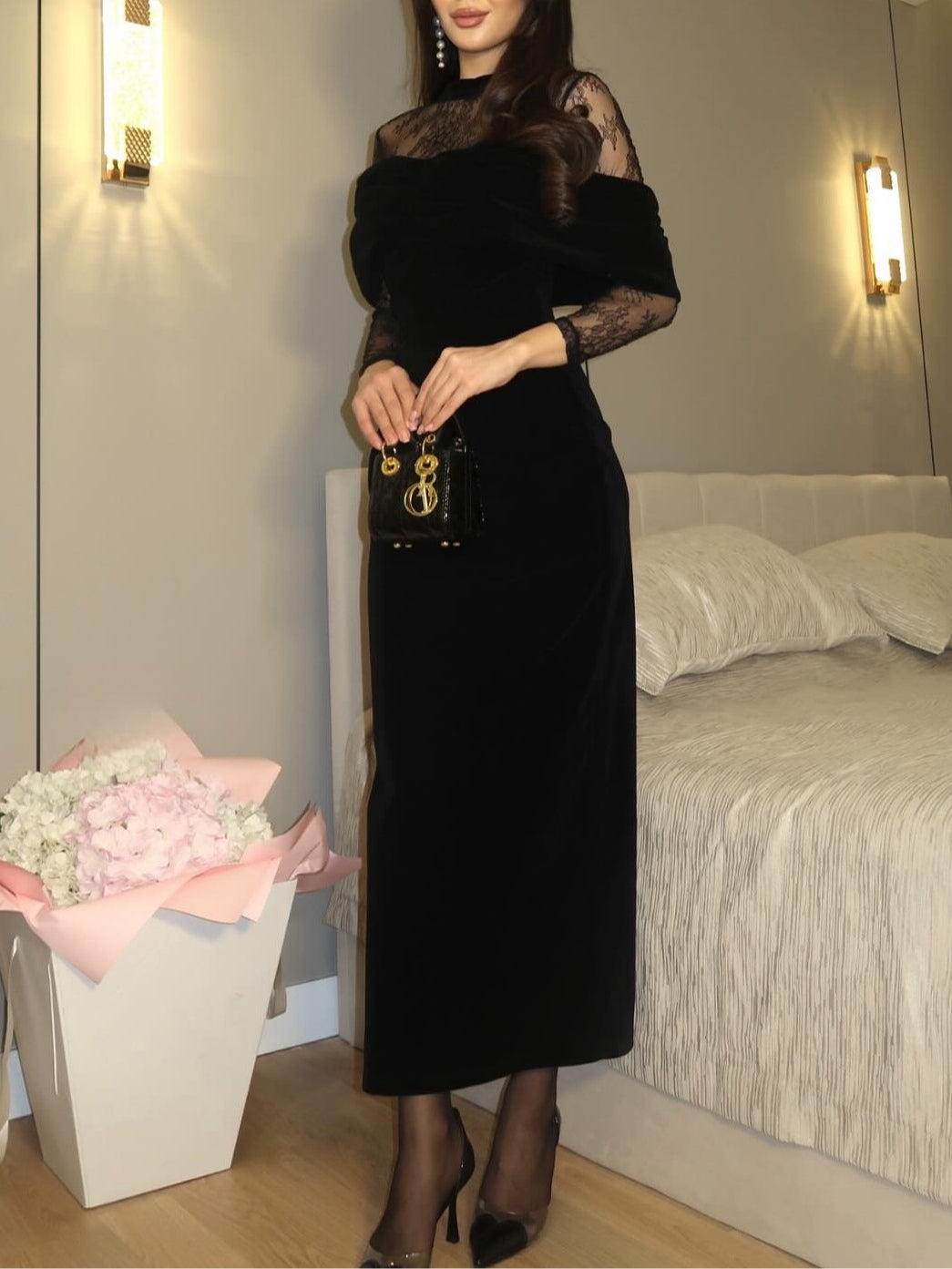 Briony - Off Shoulder Lace Evening Dress - Black