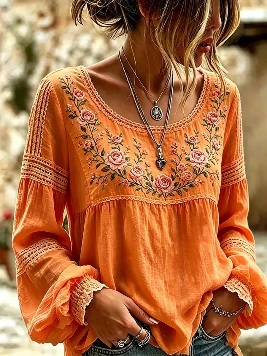 Tressalia - Embroidered Linen Blouse - Pink