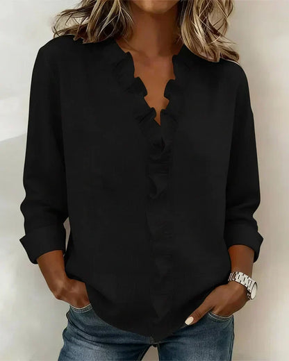 Brinae - Soft-Touch Long-Sleeve Ruffled V-Neck Blouse - Pink