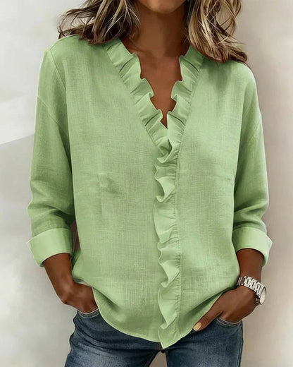Brinae - Soft-Touch Long-Sleeve Ruffled V-Neck Blouse - Pink