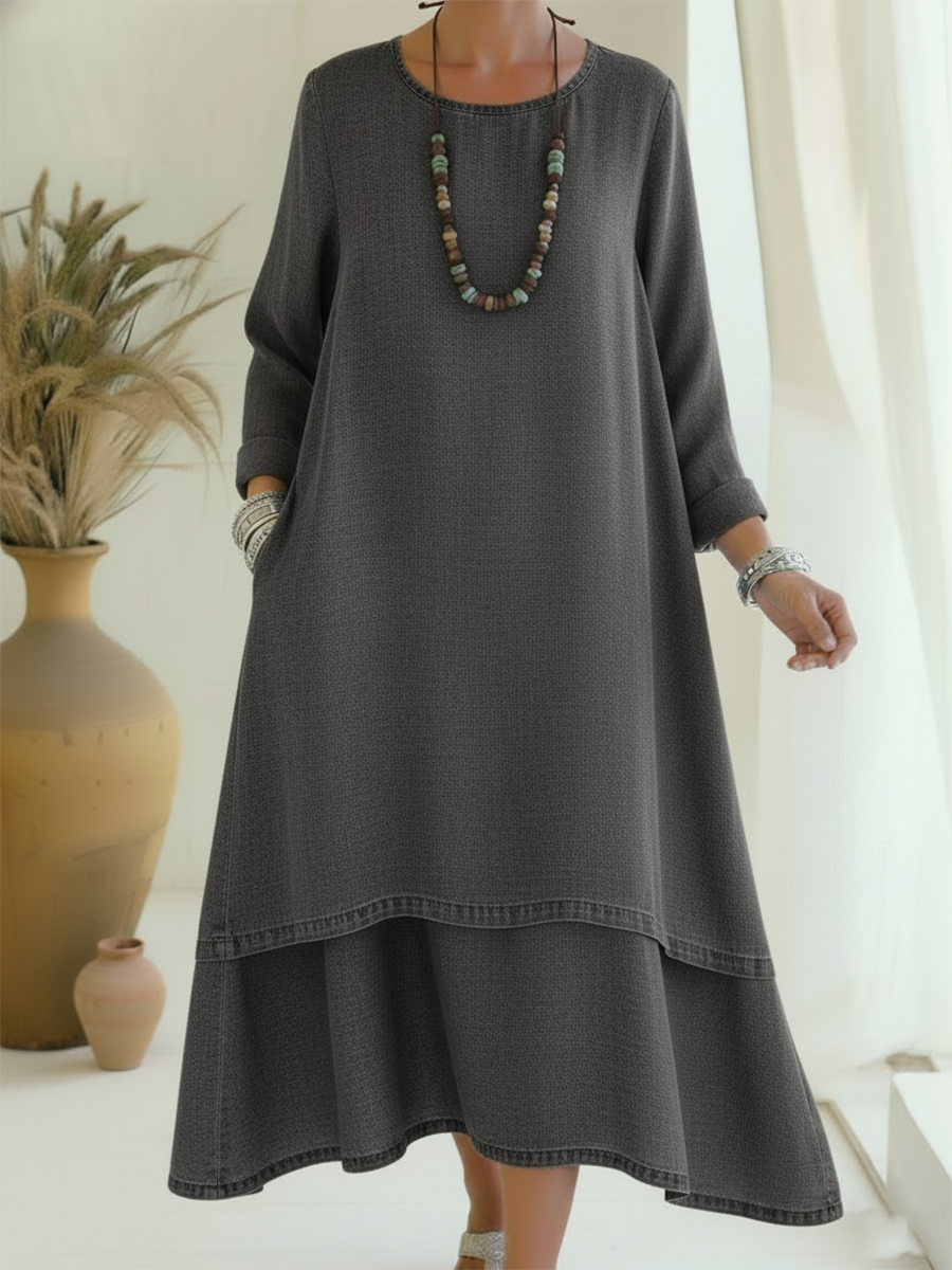 Sienna - Soft-Touch Long-Sleeve Midi Dress - Blue