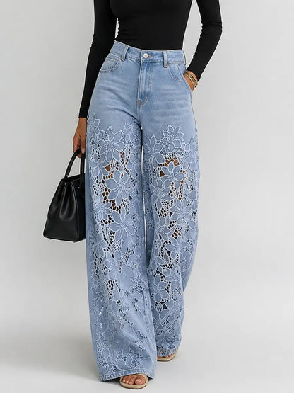 Kaliora - Floral Lace Wide Leg Jeans - Blue