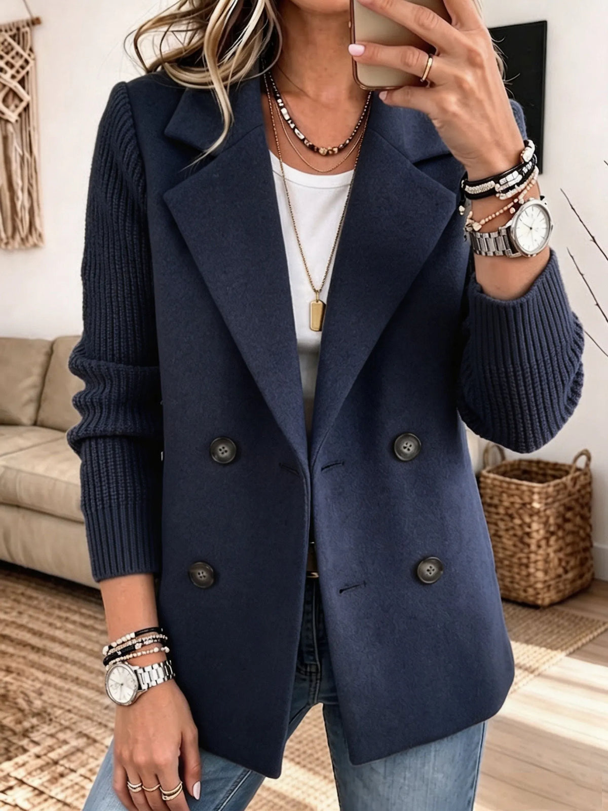 Adalene - Knit Sleeve Double Breasted Blazer - Green