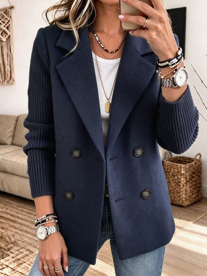 Adalene - Knit Sleeve Double Breasted Blazer - Green