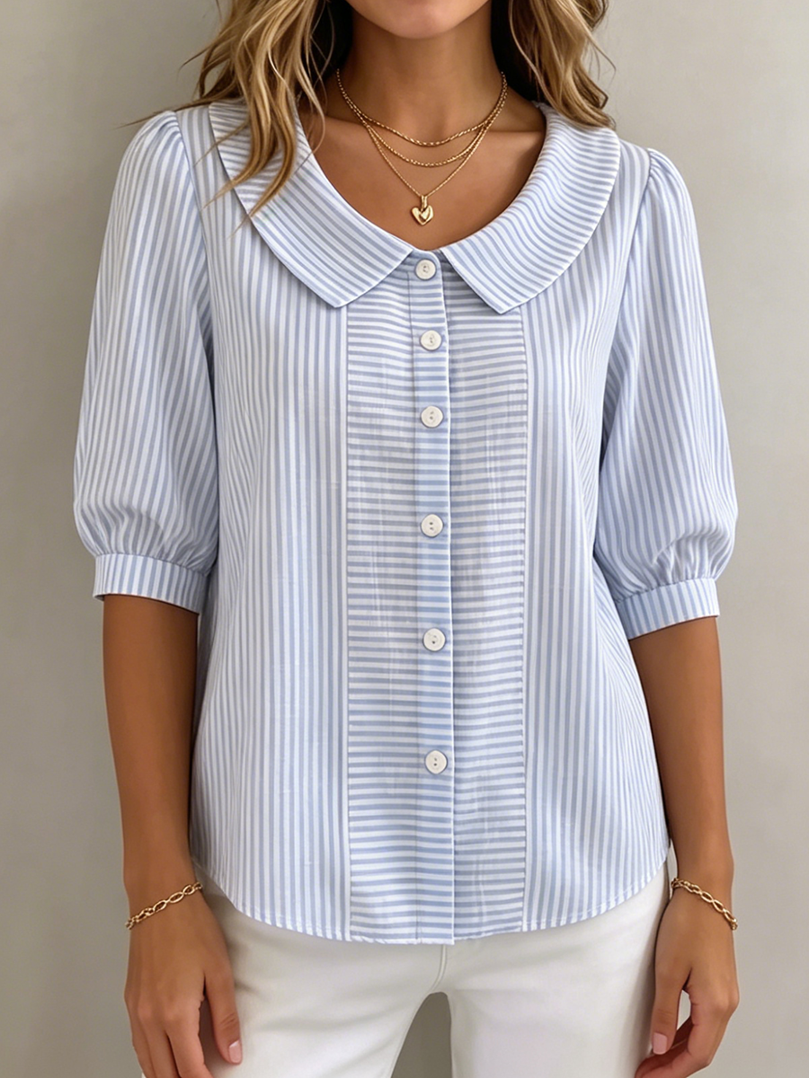 Xandria - Striped Button Blouse - Navy