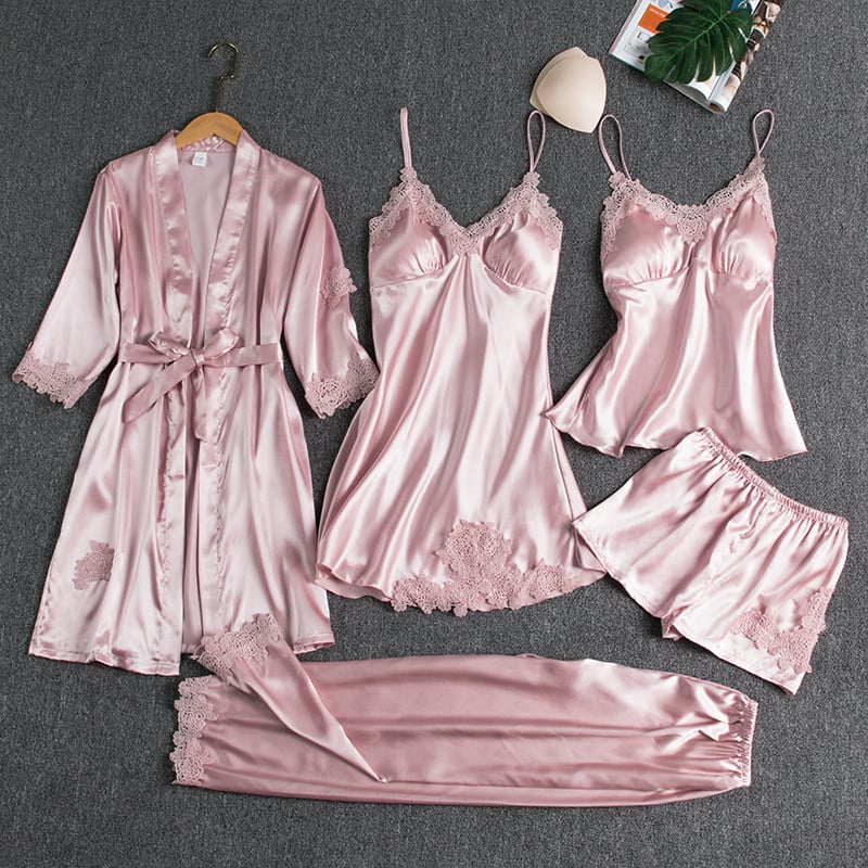 Emirae - Five-Piece Ice Silk Nightgown - Red