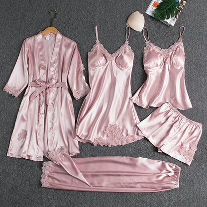 Emirae - Five-Piece Ice Silk Nightgown - Red