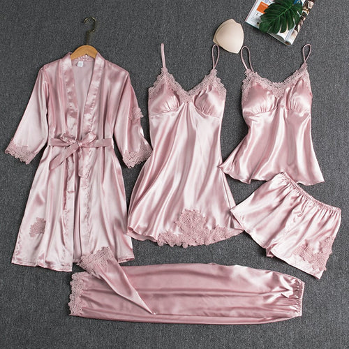 Emirae - Five-Piece Ice Silk Nightgown - Red
