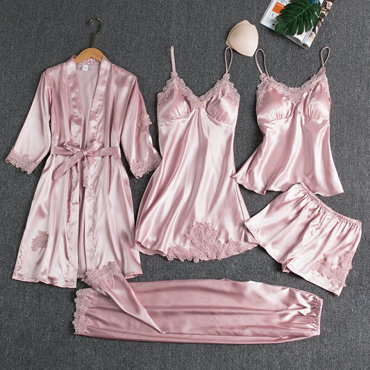 Emirae - Five-Piece Ice Silk Nightgown - Red