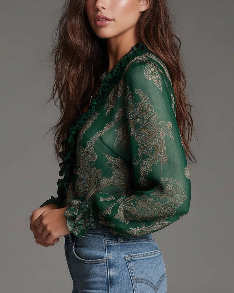 Norayi - Soft-Touch Printed V-Neck Ruffle-Sleeve Blouse - Burgundy