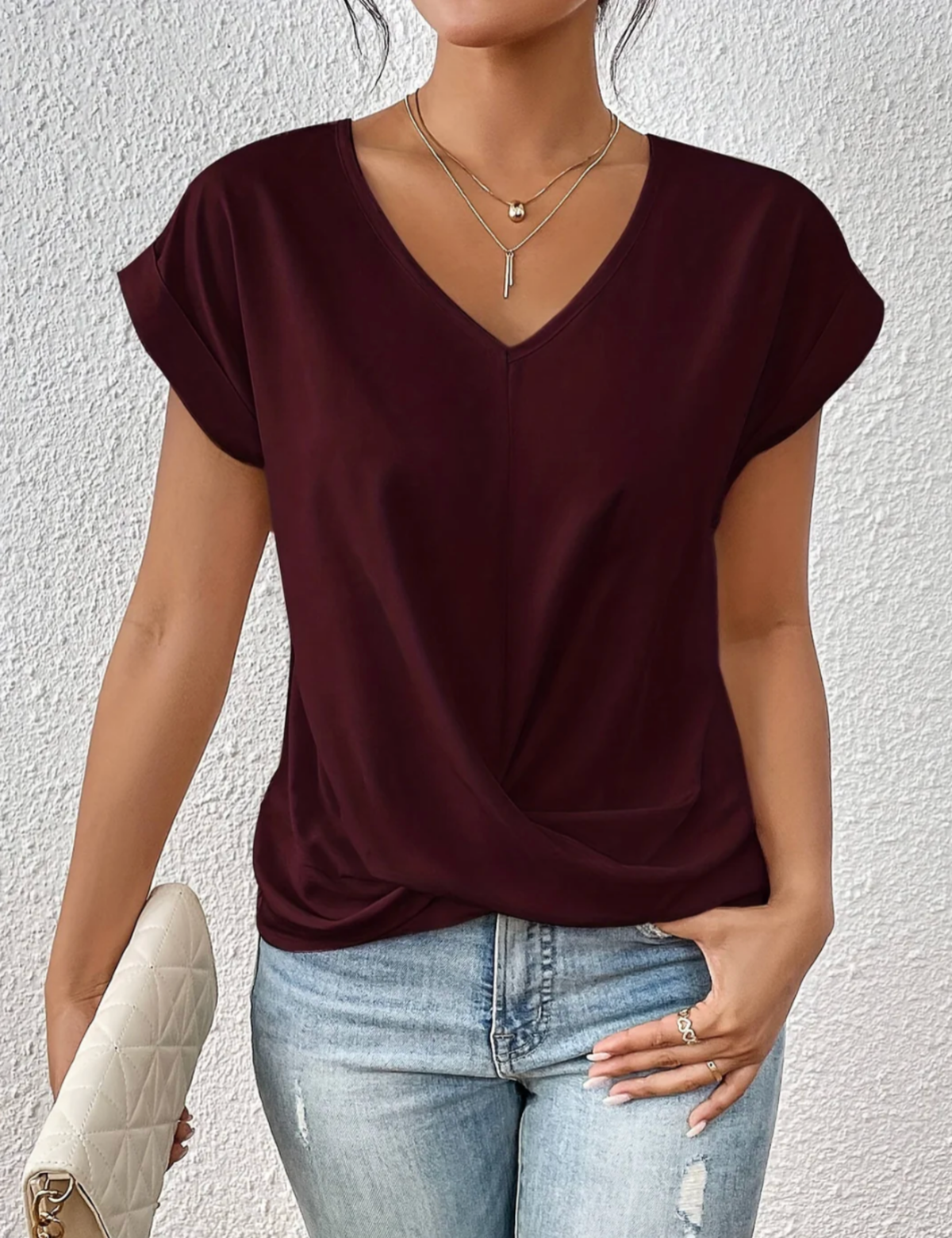 Tirenne - Fluid Draped V-Neck Blouse - Black