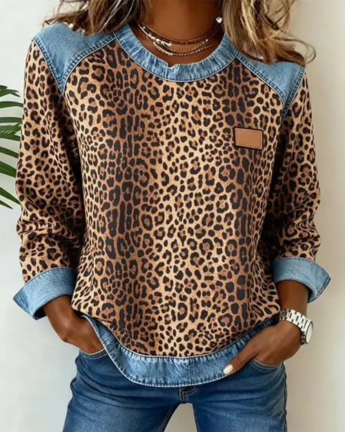 Selara - Soft-Touch Leopard Patchwork Jumper - Brown
