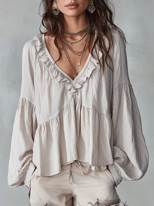 Narella - Ruffle V-Neck Blouse - Blue