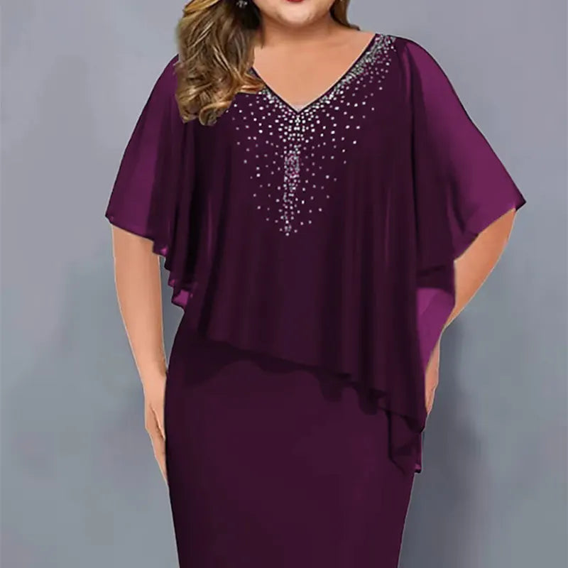 Lirienne - Premium Rhinestone V-Neck Midi Dress - Black