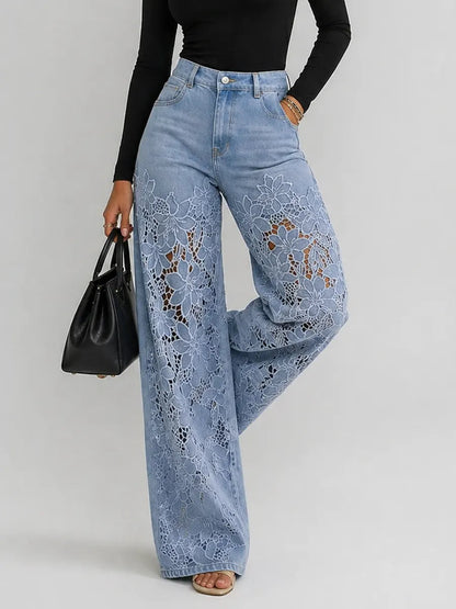 Kaliora - Floral Lace Wide Leg Jeans - Blue