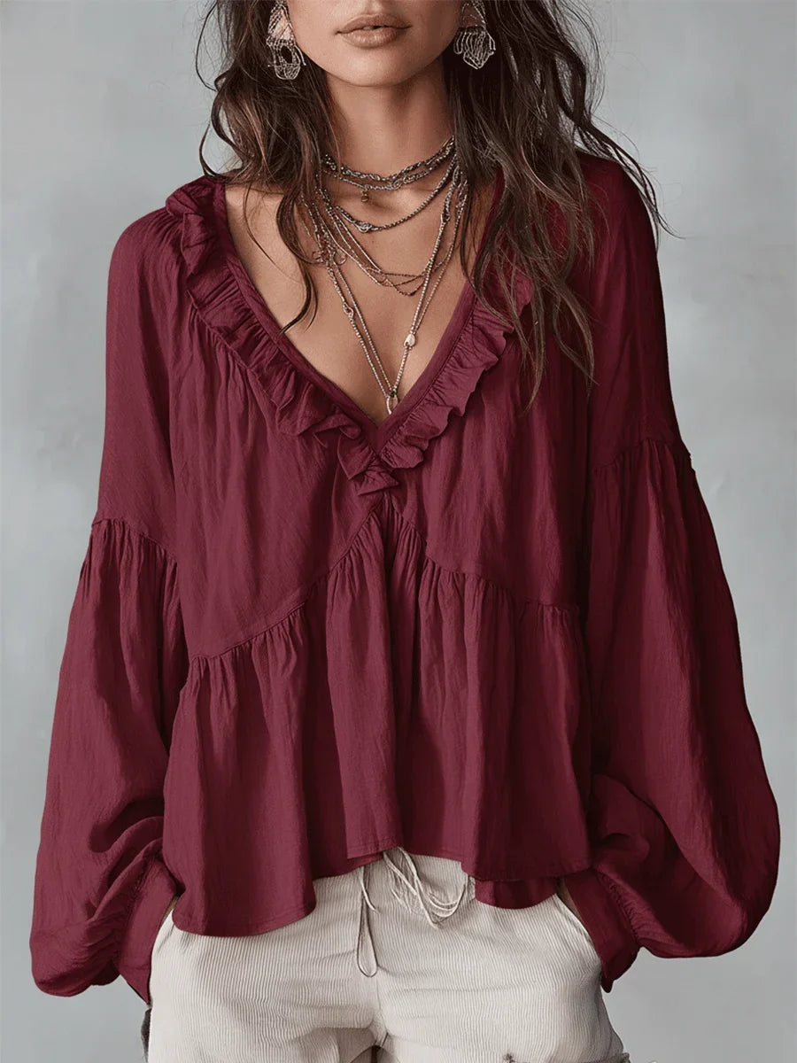 Narella - Ruffle V-Neck Blouse - Blue