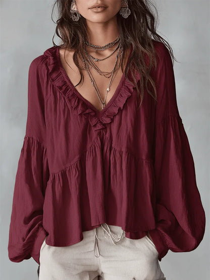 Narella - Ruffle V-Neck Blouse - Blue