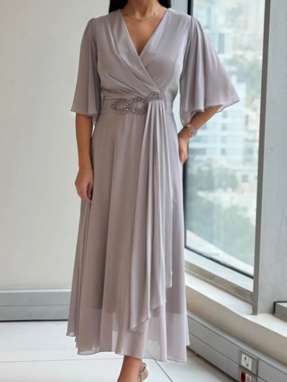 Celinette - Crystal Waist Chiffon Maxi Dress - Grey