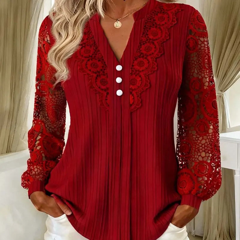 Caravelle - Pleated Lace Long Sleeve Blouse - Sky Blue