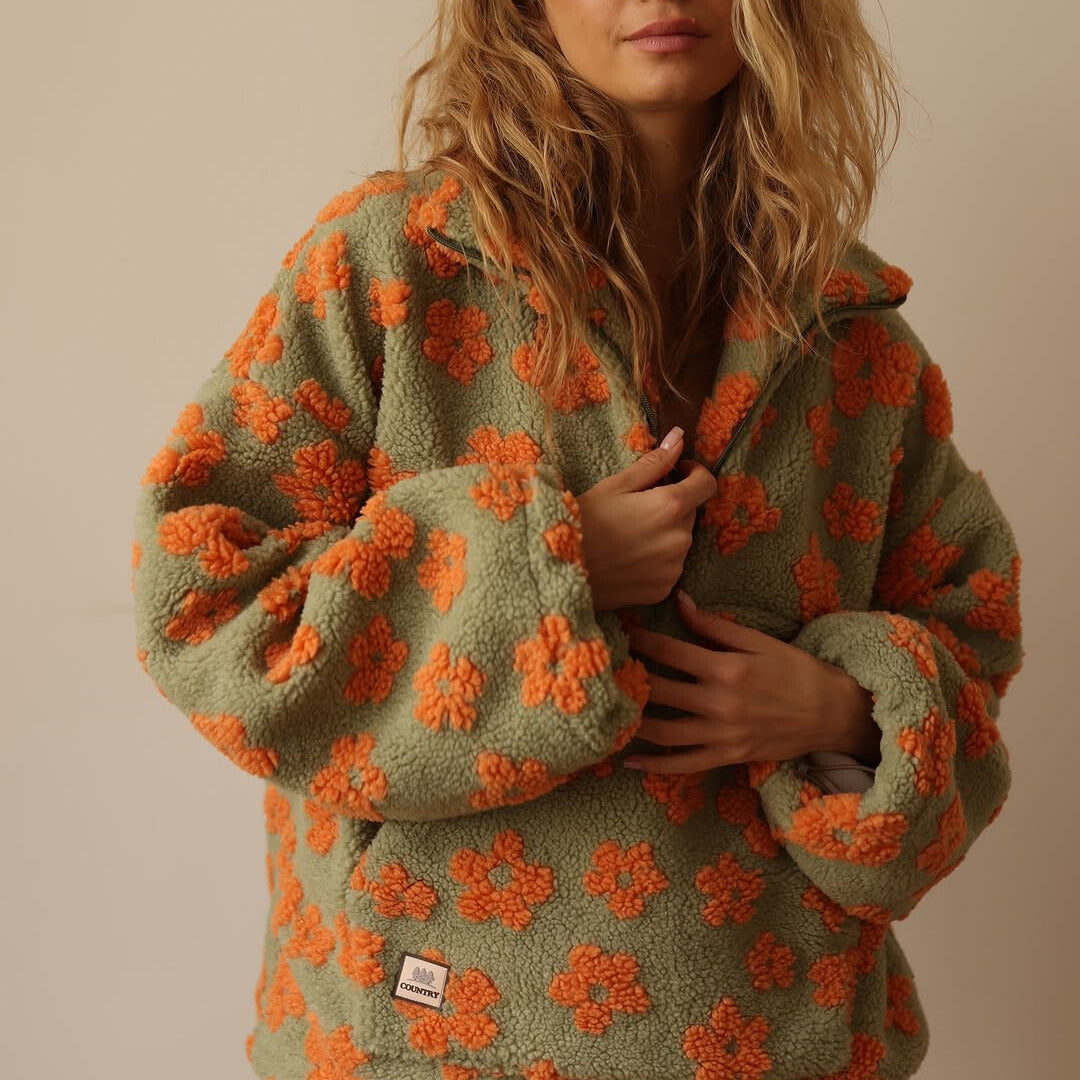 Clemency - Cozy Floral Fleece Pullover - Yellow