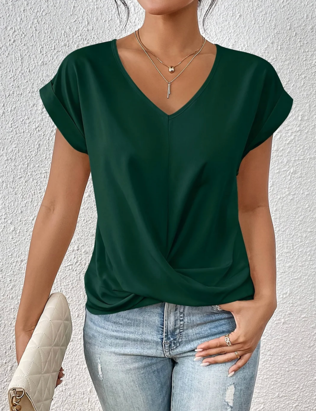Tirenne - Fluid Draped V-Neck Blouse - White