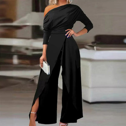 Vivia - One Shoulder Wide Leg Jumpsuit Elegant Fit - Black